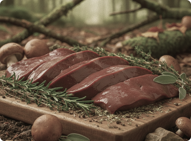 Sliced beef liver on a wooden board